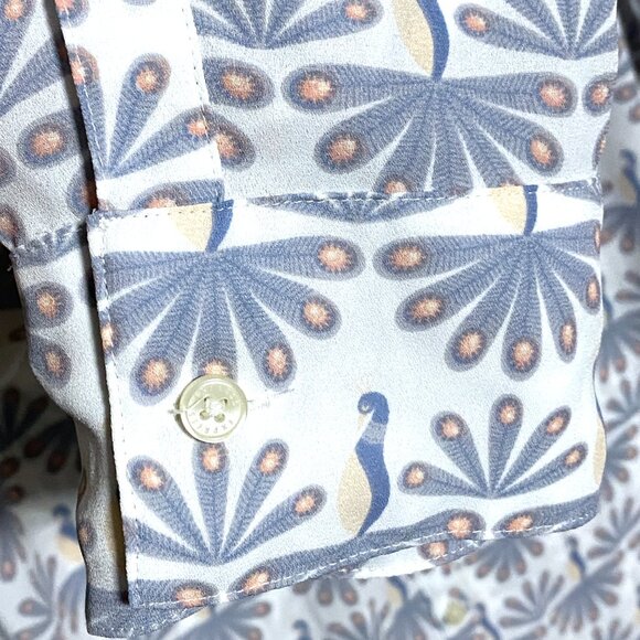 Express Peacock Portofino Slim Fit Button Shirt Womens L Retro Boho Whimsy Birds - Picture 6 of 7